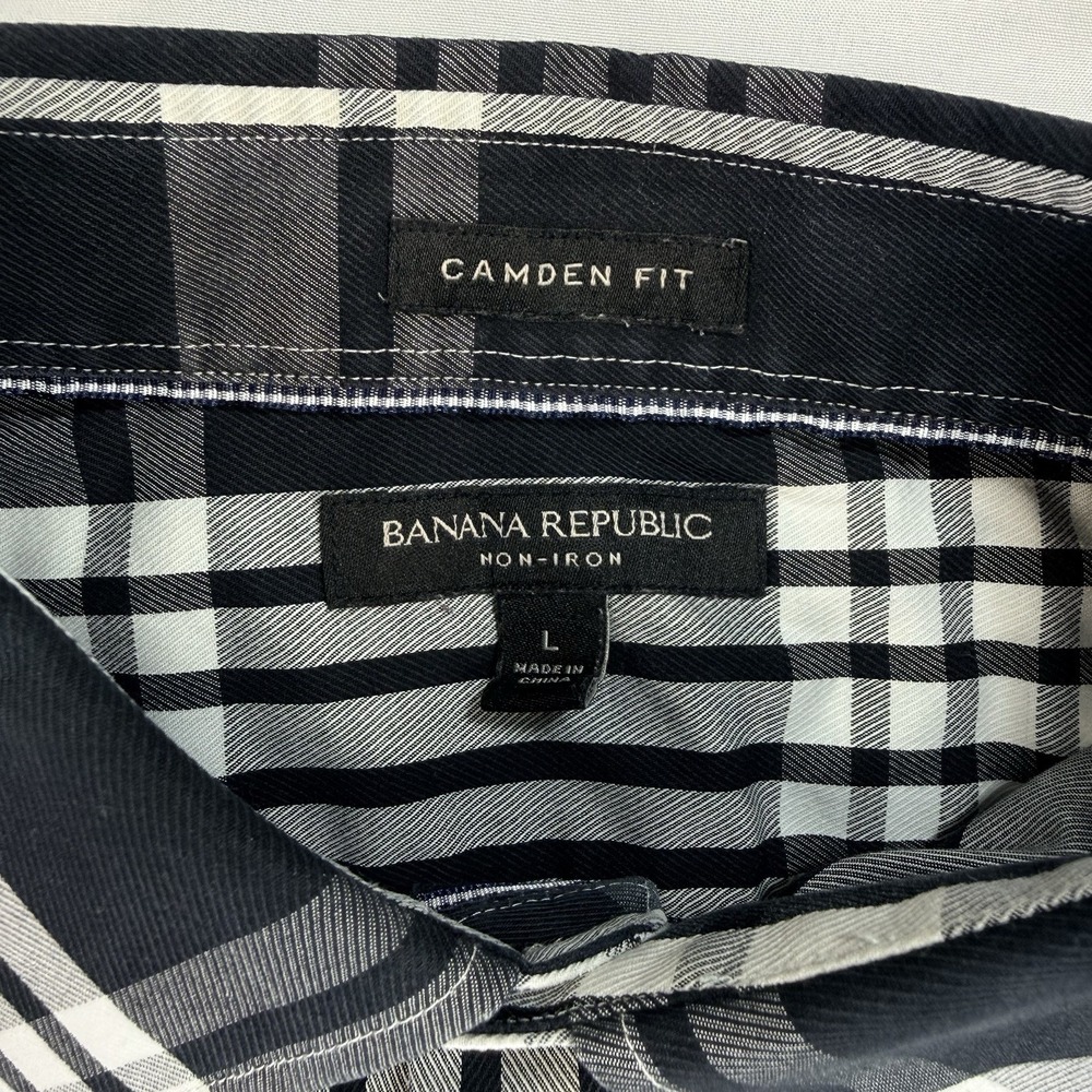 BANANA REPUBLIC Camden Fit Black White Plaid Button Down Shirt Large Non Iron - Picture 2 of 8